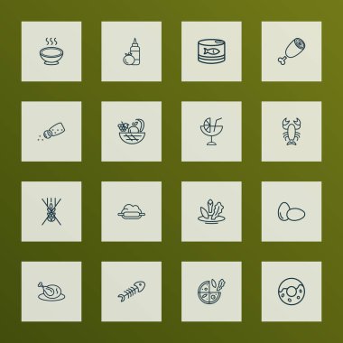 Vejetaryen pizza, çorba, kokteyl ve diğer vejetaryen unsurlarla yemek ikonları. İzole vektör illüstrasyon yemek simgeleri.