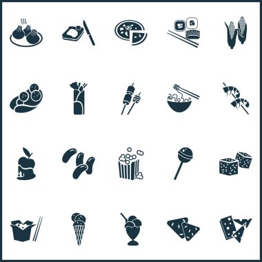 Falafel, Dim Sum, karamelize elma ve diğer atıştırmalık öğelerle hazırlanmış yemek ikonları. İzole vektör illüstrasyon yiyecek simgeleri.