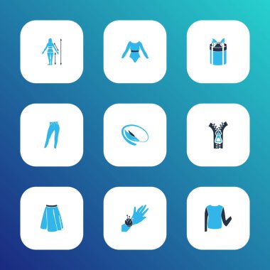 Yüksek bel kot pantolon, iğne yastığı, bilezik ve diğer kot unsurları olan tarz simgeleri. İzole vektör illüstrasyon biçimi simgeleri.