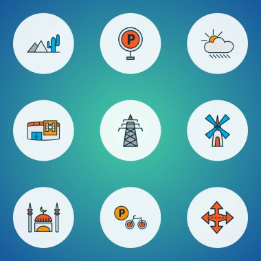 Halka. Skyline simgeleri park işareti, değirmen, güç kulesi ve diğer kesişen elementlerle birlikte ayarlandı. İzole vektör illüstrasyonu halka açık. Skyline simgeleri.