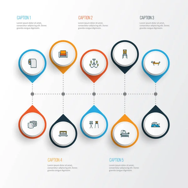 집의 아이콘들은 철, 좌석, 더블 침대 및 기타 쿠션 요소들로 구성된 선으로 설정되어 있다. 독립 된 벡터 일러스트 하우스 아이콘. — 스톡 벡터