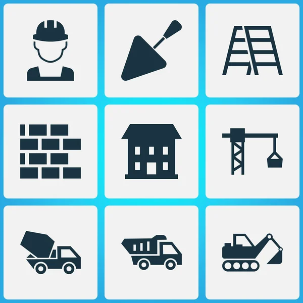 Icone di costruzione con betoniera, casa, spatola e altri elementi di sollevamento gancio. Isolate icone di costruzione vettoriale illustrazione. — Vettoriale Stock