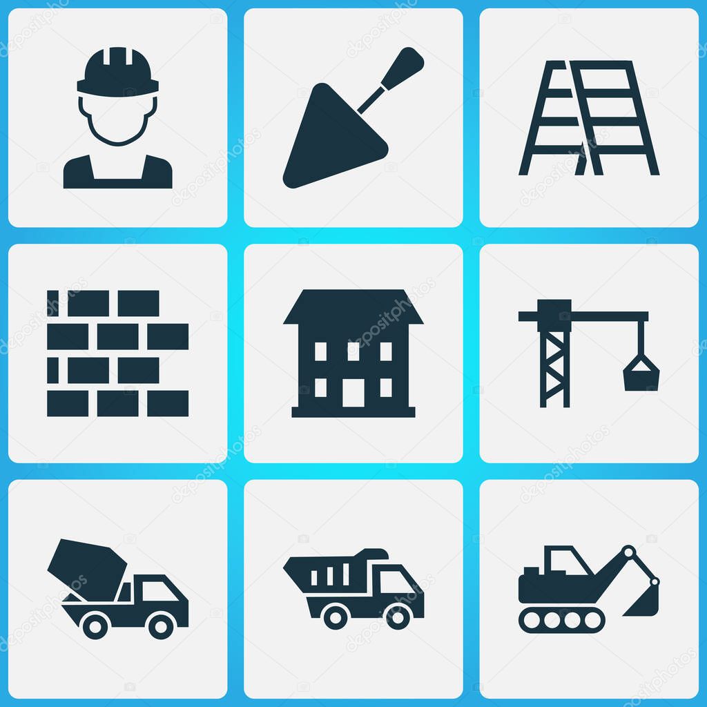 Construction icons set with concrete mixer, house, trowel and other lifting hook elements. Isolated vector illustration construction icons.