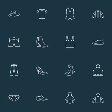 Takı, külot, gece elbisesi ve diğer ayakkabı unsurlarıyla giysi simgeleri dizisi. İzole vektör illüstrasyon giysi simgeleri.