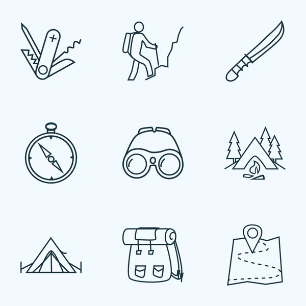 Ensemble de style ligne d'icônes de vacances avec camping, tente, randonneur et autres éléments de zoom. Illustration vectorielle isolée icônes vacances. — Image vectorielle