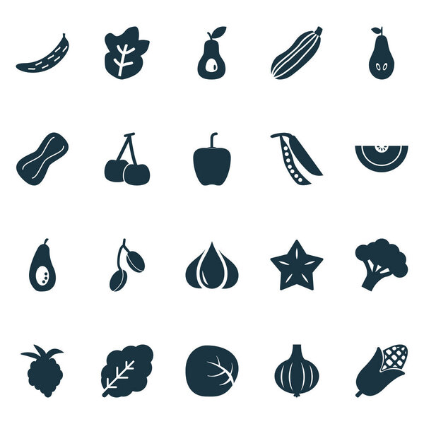 Пищевые иконки с малиной, белой капустой, перцем и другими элементами гороха. Изолированные векторные иллюстрации.