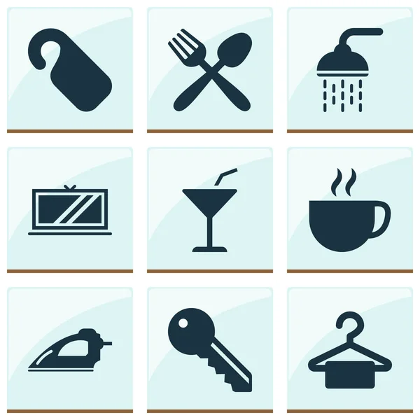 Cestovní ikony s koupelnou, závěsem, koktejlem a dalšími prvky martini. Izolované ikony cestování vektorovou ilustrací. — Stockový vektor