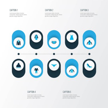 Simgeler kapüşonlu, ceketli, ceketli ve diğer bereli elementlerle renklendirilmiş. İzole edilmiş illüstrasyon elbise simgeleri.