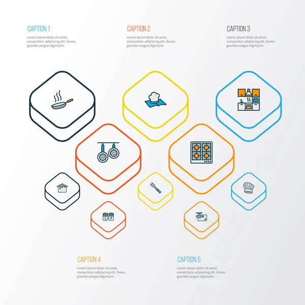 요리 아이콘에는 더러운 남비, 뜨거운 남비, 난로 및 기타 요리 요소가 들어 있는 선이 그려져 있다. 독자적 인 예의 요리 아이콘. — 스톡 사진