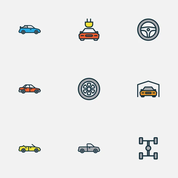 Цветная линия автомобильных икон с кабриолетом, спортом, гаражом и другими электрическими элементами. Изолированные иконки автомобилей. — стоковое фото
