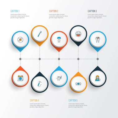 Diş macunu, kırık diş, diş fırçası ve diğer doktor unsurlarıyla diş simgeleri. İzole vektör illüstrasyon diş simgeleri.