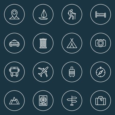 Otobüs, bavul, konum ve diğer gemi unsurları ile seyahat simgeleri çizgisi tarzı. İzole vektör çizimi seyahat simgeleri.