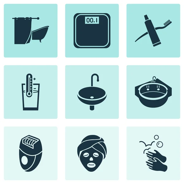 Toilet iconen set met jacuzzi, voorzichtig, weegschalen en andere toiletartikelen elementen. Geïsoleerde vector illustratie toilet iconen. — Stockvector