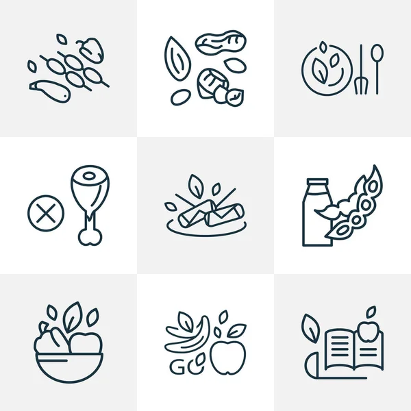 Veganistische iconen lijn stijl set met loempia 's, zuivel, veganistische kom en andere soja melk elementen. Geïsoleerde vectorillustratie veganistische iconen. — Stockvector