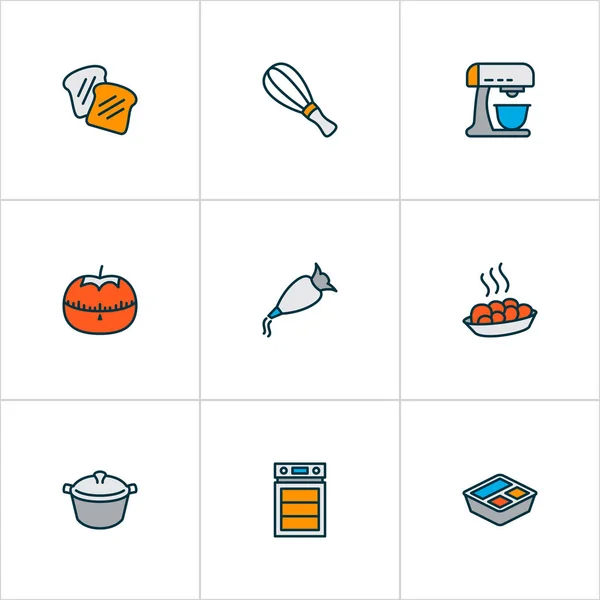 Mutfak simgeleri karıştırıcı, çırpıcı, domates zamanlayıcısı ve diğer tat elementleriyle renklendiriliyor. İzole vektör resimleme aşçılık simgeleri. — Stok Vektör