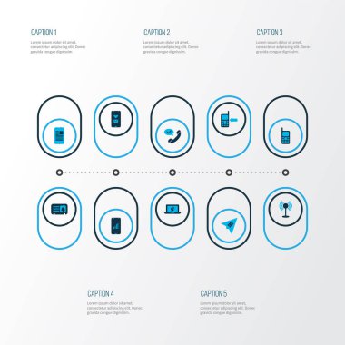 Telekomünikasyon simgeleri arama cep telefonu, aşk mesajı, kadın kartı ve diğer bağlantı unsurlarıyla renklendirildi. İzole edilmiş illüstrasyon telekomünikasyon simgeleri.