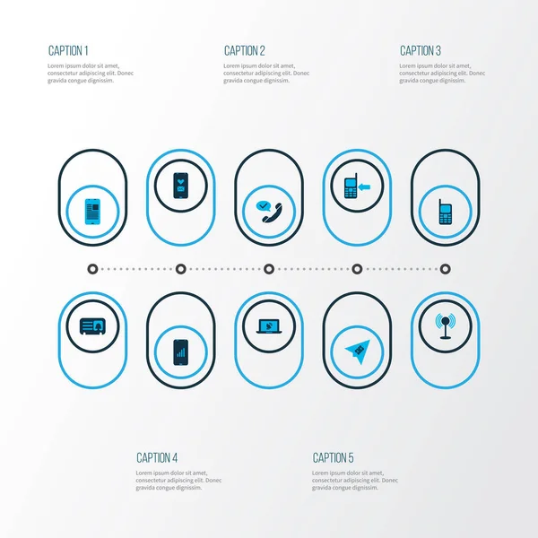 电信图标彩色集合的呼叫手机,爱的消息,女性卡和其他连接元素.孤立的图解电信图标. — 图库照片