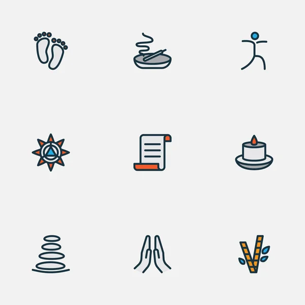 Yoga icons colored line set with burning candle, bamboo, relaxation paraffin elements. Isolated illustration yoga icons.