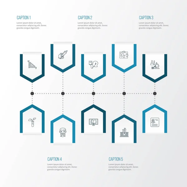 학교 아이콘 라인 스타일은 고등학교, 기하학, 오디오 강의 및 기타 공부 요소와 함께 설정 된다. 특수 한 삽화 학교 성화. — 스톡 사진