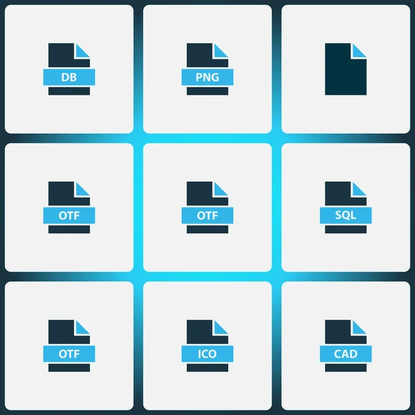 Цветной набор иконок файлов с otf, file png, file db и другими элементами otf. Изолированные иконки файлов иллюстраций. — стоковое фото