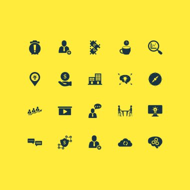 Toplantı odası, yorumlar, beyin fırtınası süreci ve diğer kesin unsurlarla çalışma simgeleri ayarlandı. İzole vektör illüstrasyon çalışma simgeleri.