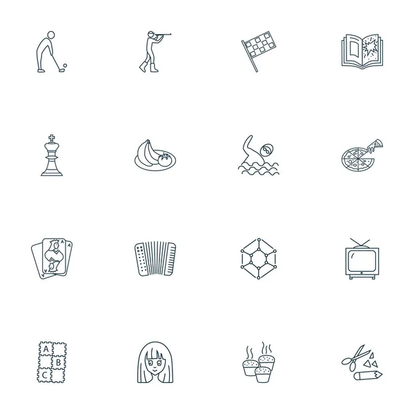 Lifestyle iconen lijn stijl set met pizza, race vlaggen, accordeon en andere legpuzzel elementen. Geïsoleerde vector illustratie levensstijl iconen. — Stockvector