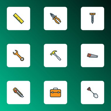 Araç simgeleri kerpeten, anahtar, cetvel ve diğer marangozluk unsurlarıyla renklendirilmiş. İzole illüstrasyon araçları simgeleri.