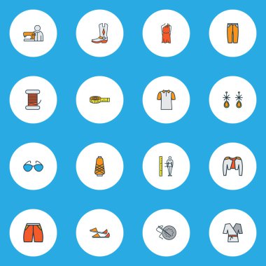 Moda simgeleri güneş gözlüğü, nakış, polo gömlek ve diğer sandalet unsurlarıyla renklendirildi. İzole vektör illüstrasyon biçimi simgeleri.