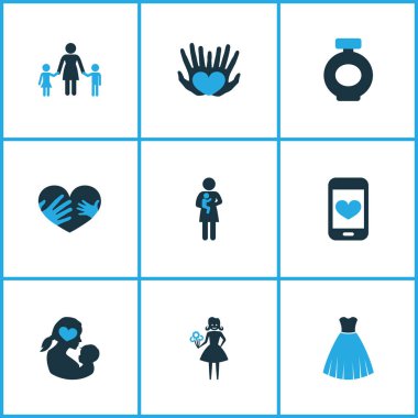 Anneler Günü renkli tasarım konsepti. Avuç içi, cep telefonu ve kadın gibi 9 elementten oluşuyor. Anne, kalp ve el için güzel semboller..