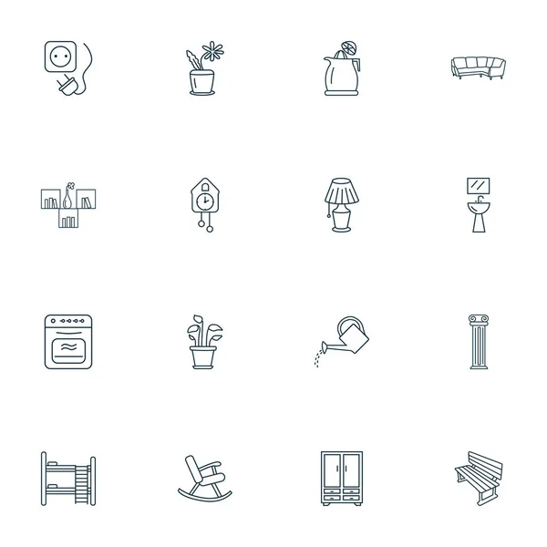 Iconos interiores estilo de línea conjunto con maceta, banco, regadera y otros elementos del fregadero. Iconos interiores de ilustración vectorial aislado. — Archivo Imágenes Vectoriales