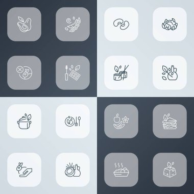 Bitki yağıyla çizilmiş vejetaryen ikonlar çizgisi. Hayvanlar, karnabahar ve diğer guakamole elementleri üzerinde test edilmemiş. İzole vektör illüstrasyon vejetaryen simgeleri.