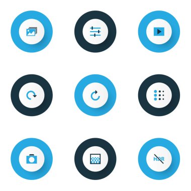 Görüntü simgeleri bulanık, akortlu, yüksek dinamik aralıklı ve diğer HDR elementlerle renklendirilmiş. İzole vektör resimleme simgeleri.