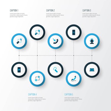 İletişim simgeleri gelen çağrı, ağ, internet ve diğer bluetooth kulaklık elemanlarıyla renklendirildi. İzole vektör illüstrasyon iletişim simgeleri.