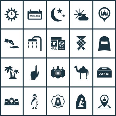 Ramazan ikonları, maddi yardımlar, Mussulmanlar, palmiyeler ve diğer ağaç unsurlarıyla hazırlandı. İzole vektör illüstrasyon ramazan simgeleri.