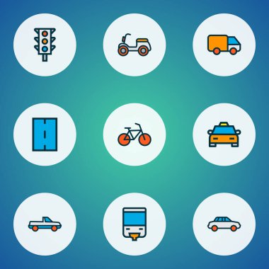 Ulaşım simgeleri bisiklet, minibüs, araba ve diğer taksi unsurlarıyla renklendirildi. İzole vektör illüstrasyon taşıma simgeleri.