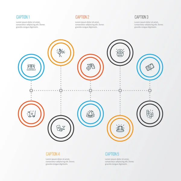 Tevékenység ikonok vonal stílus beállítva lövöldözős játék, kaszinó, körforgalom játszótér és egyéb helyszíni elemek. Izolált vektor illusztrációs tevékenység ikonok. — Stock Vector