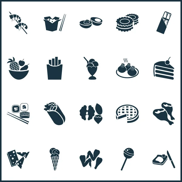 Gastronomische pictogrammen met burrito, afhaalchinees eten, een stuk taart en andere dessertelementen. Geïsoleerde vector illustratie gastronomische pictogrammen. — Stockvector