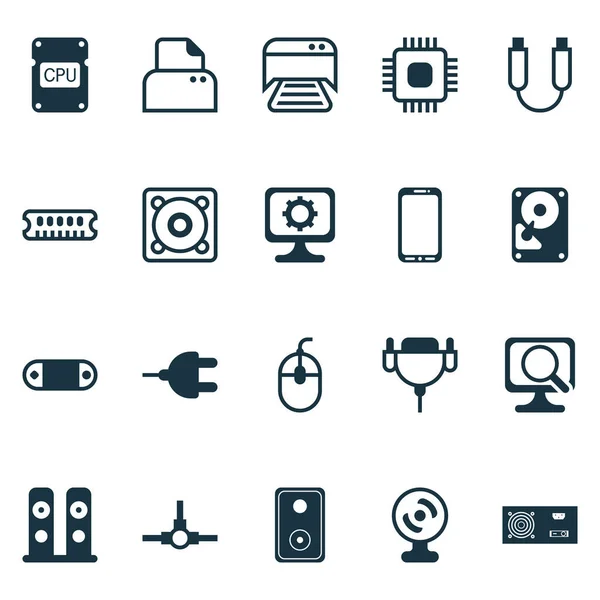Set d'icônes matérielles avec haut-parleur, câble USB, photocopieuse et autres éléments de scanner de fichiers. Isolées icônes matérielles vectorielles illustration. — Image vectorielle