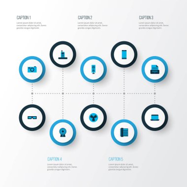 Gadget simgeleri fotoğraf makinesi, web kamerası, telefon ve diğer yakalama elementleriyle renklendirildi. İzole vektör illüstrasyon aygıtı simgeleri.