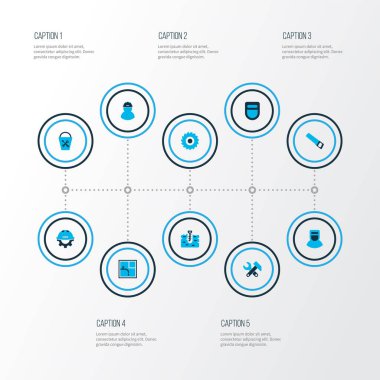 Yapı simgeleri kaynak miğferi, testere, boer ve diğer yapı elemanları ile renklendirilmiş. İzole vektör illüstrasyon yapı simgeleri.