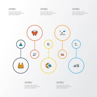 Ekoloji simgeleri kağıt geri dönüşümü, çöp tenekesi, güneş enerjisi ve diğer çöp konteyneri elementleriyle renklendirildi. İzole vektör illüstrasyon ekoloji simgeleri.