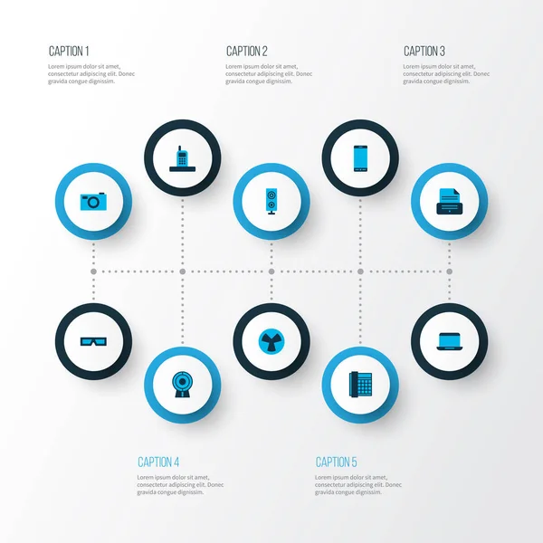 Gadget simgeleri fotoğraf makinesi, web kamerası, telefon ve diğer yakalama elementleriyle renklendirildi. İzole vektör illüstrasyon aygıtı simgeleri.