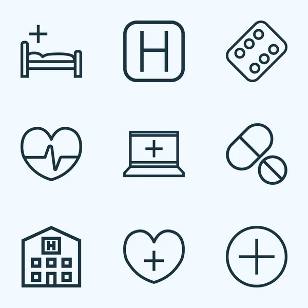 Drug Icons Linie Stil-Set mit Herz, Klinik, Krankenhaus und anderen Bettelementen. Isolierte Vektorillustration Medikamentensymbole. — Stockvektor