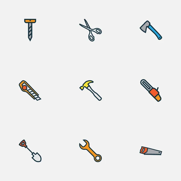 Iconos de herramientas manuales de color conjunto de línea con sierra, llave inglesa, pala y otros elementos de corte. Iconos de herramientas manuales de ilustración vectorial aislado. — Vector de stock