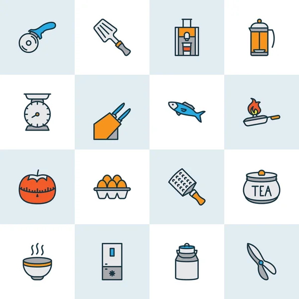 Cook icons colored line set with pizza knife, cooking, fish and other weight elements. Isolated vector illustration cook icons.