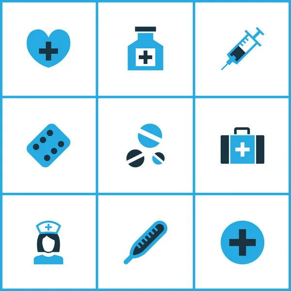 Ícones de drogas coloridos conjunto com termômetro, seringa, cura e outros elementos mais. Isolado vetor ilustração ícones de drogas. — Vetor de Stock