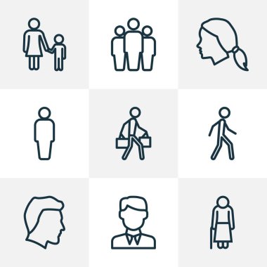 Kafa, iş adamı, müşteri ve diğer takım elemanlarıyla birlikte insan ikonları çizgisi. İzole edilmiş illüstrasyon insan simgeleri.