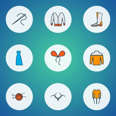 Maksi elbise, kısa hırka, örgü ve diğer ceket unsurlarıyla süslü moda simgeler. İzole edilmiş illüstrasyon moda simgeleri.