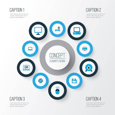 Bilgisayar simgeleri web kamerası, laptop, işlemci ve diğer kamera elemanlarıyla renklendirildi. İzole edilmiş illüstrasyon bilgisayar simgeleri.