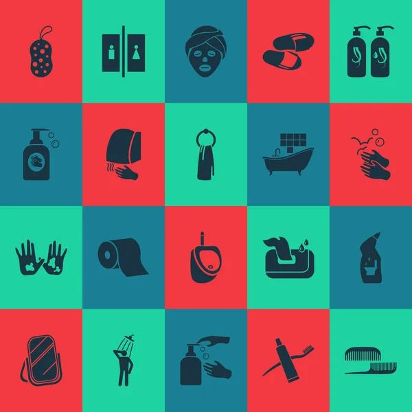 Badrum ikoner set med kammar, hand med flytande tvål, toalett renare hygienelement. Isolerade illustration badrum ikoner. — Stockfoto